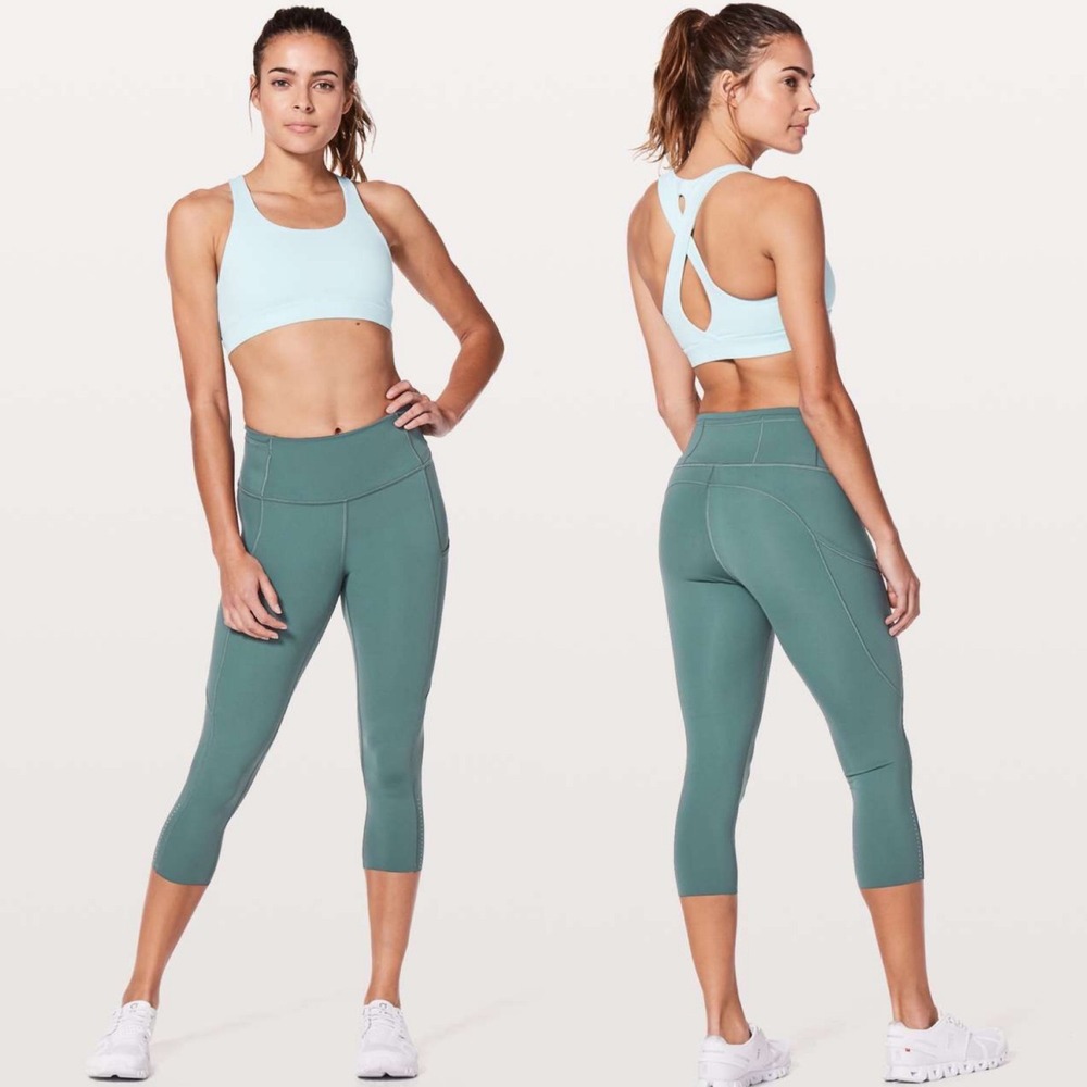 Lululemon Fast Free Crop Nulux Womens 8‎ Sea Steel Mint Green Yoga Pants Pockets